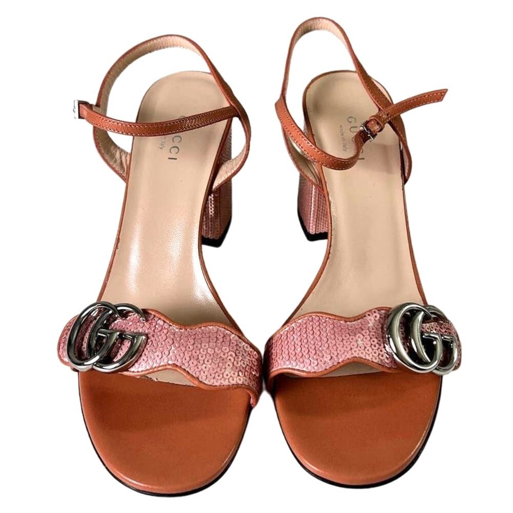 Gucci Pink Sequin GG Marmont Mid Heeled Sandals 37